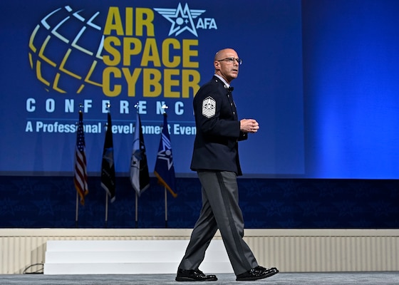 Chief Master Sgt of the Space Force John Bentivegna delivers his keynote address.