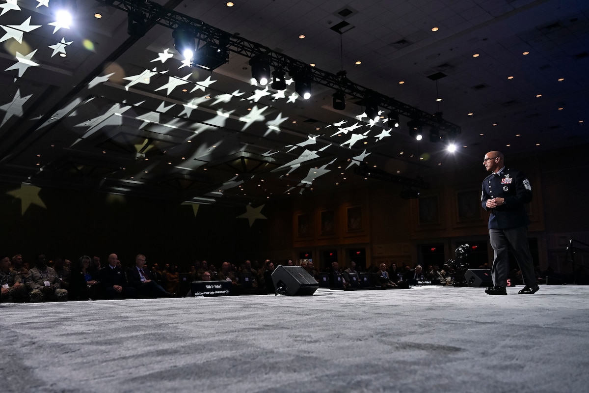 Chief Master Sgt of the Space Force John Bentivegna delivers his keynote address.