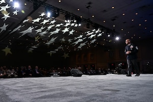 Chief Master Sgt of the Space Force John Bentivegna delivers his keynote address.
