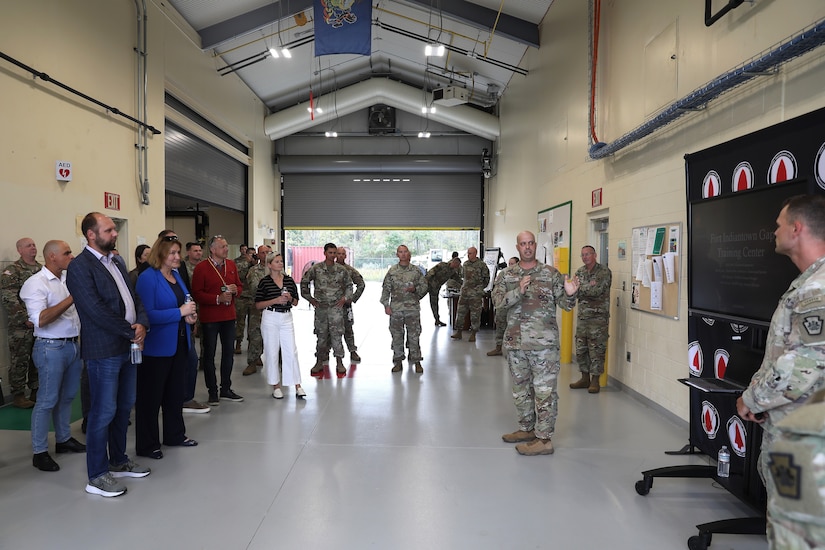 A delegation of more than 20 Lithuanian defense, diplomatic and business officials visited the Unmanned Aircraft Systems facility at Fort Indiantown Gap, Pennsylvania, Sept. 23, 2025, as part of a five-day mission in the United States. Loreta Maskolioviene, Lithuania’s vice-minister of national defense, led the delegation which was received by U.S. Army Maj. Gen. John R. Pippy, Pennsylvania’s adjutant general, and other Guard leaders. (U.S. Army National Guard photo by Zane Craig)