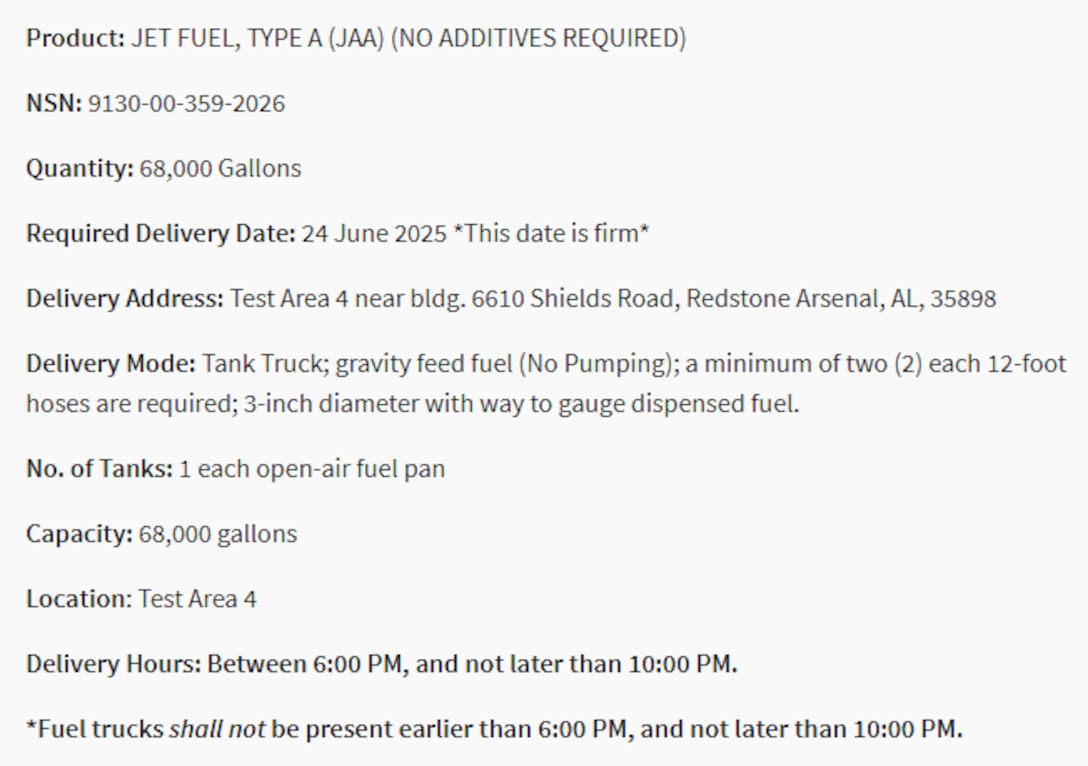 Example of delivery specifications outlined in a DLA Energy Direct Delivery PC&S solicitation on the System for Award Management (SAM.gov) giving information such as required delivery dates, address, delivery modes, and delivery hours.