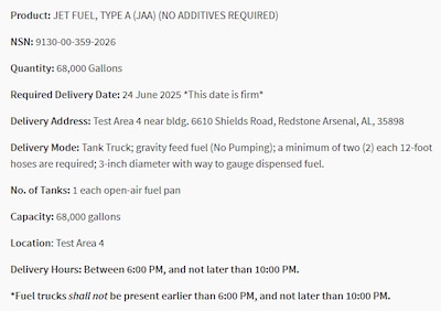 Example of delivery specifications outlined in a DLA Energy Direct Delivery PC&S solicitation on the System for Award Management (SAM.gov) giving information such as required delivery dates, address, delivery modes, and delivery hours.