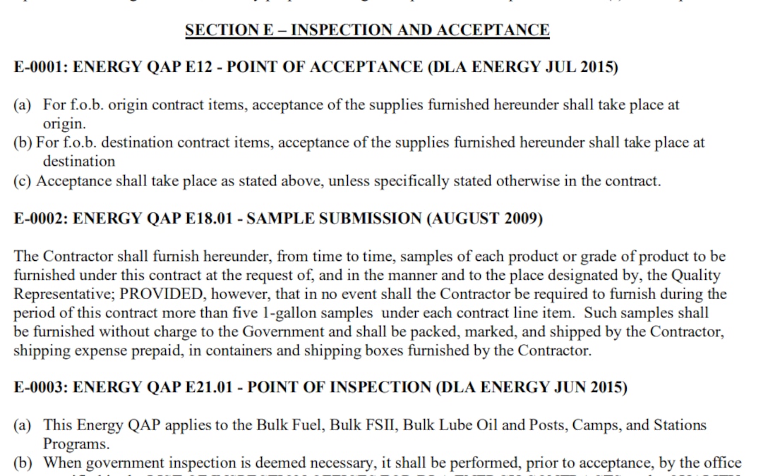 Example of Quality Assurance Provisions (QAPs) stated in a DLA Energy Direct Delivery PC&S Solicitation.