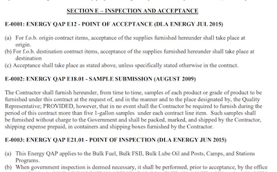 Example of Quality Assurance Provisions (QAPs) stated in a DLA Energy Direct Delivery PC&S Solicitation.