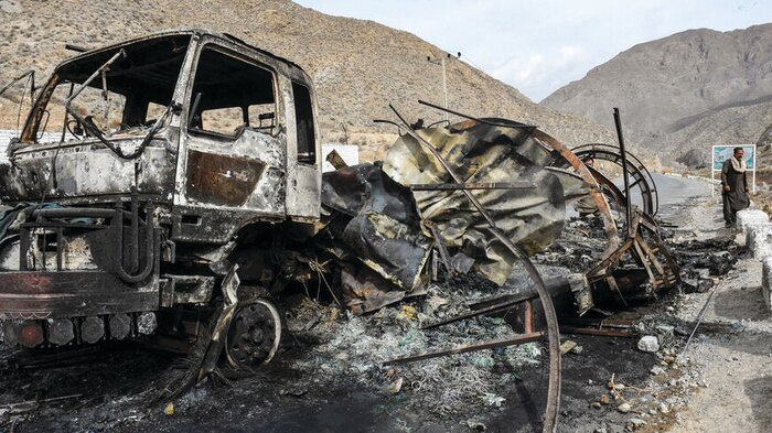 Balochistan insurgency. A man walks past a burned-out truck container set ablaze by the armed separatist group Balochistan Liberation Army (BLA) in central Bolan district, Balochistan province, on 30 January 2024