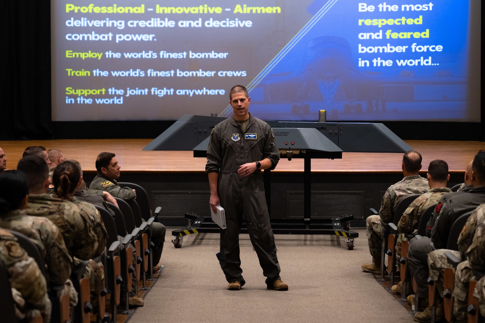 U.S. Air Force Col. Seth Spanier, 7th Bomb Wing commander, delivers a mission brief during Striker Day at Dyess Air Force Base, Texas, Sept. 19, 2025. Striker Day allowed 7th BW leadership, Airmen and Abilene community leaders the opportunity to learn more about the Striker mission and the capabilities, impact and future of the B-1B Lancer. (U.S. Air Force photo by Senior Airman Jade M. Caldwell)