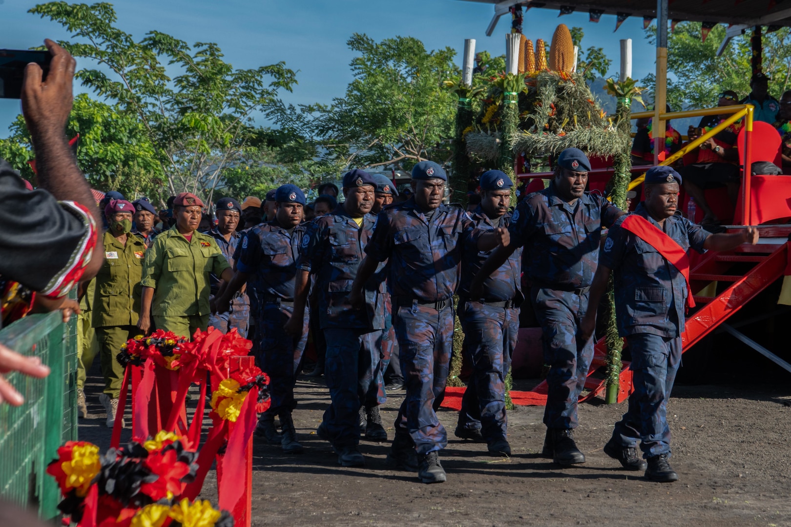 Papua New Guinea Defense Force members conduct close order drill during a celebration for Papua New Guinea's 50th Independence Day on Sept. 16, 2025.