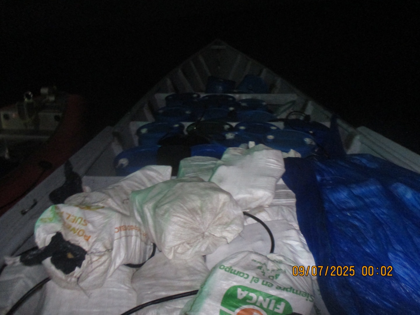 A go-fast vessel laden with illicit drugs in the Caribbean Sea, Sept. 7, 2025. On Sept. 6, Diligence’s crew disrupted the go-fast style panga, suspected of trafficking more than 8,700 pounds of cocaine, worth nearly $64.5 million. (U.S. Coast Guard photo)