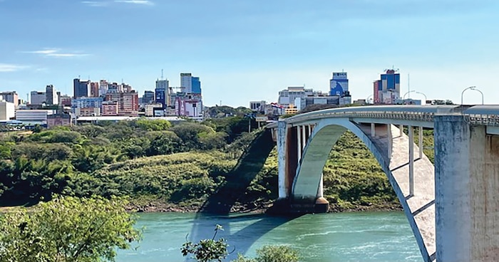 The Friendship Bridge connecting Ciudad del Este (shown) and Foz do Iguaçu