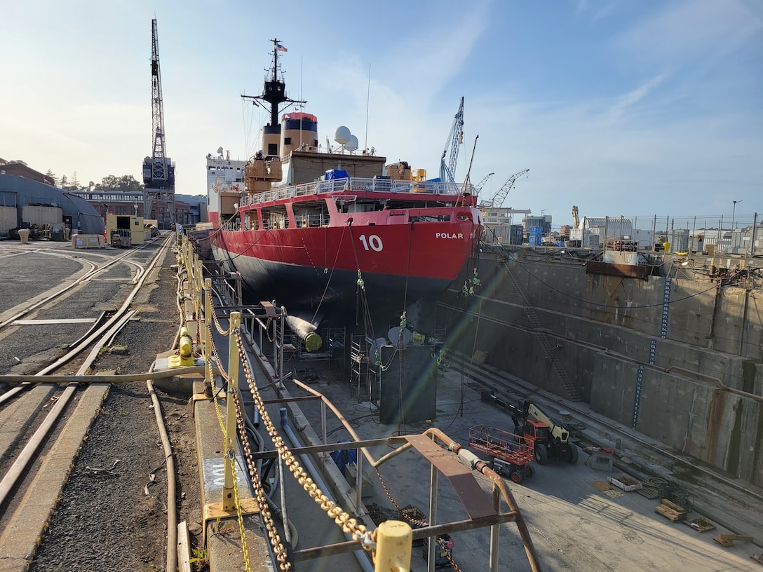 The rudder of the USCGC Polar Star (WAGB 10) is being removed while in a Vallejo, Calif., dry dock, April 1, 2025. The maintenance work completed over the past five years recapitalized integral systems, including propulsion, communication, and machinery control systems. (U.S. Coast Guard photo by Seaman Nestor Molina)