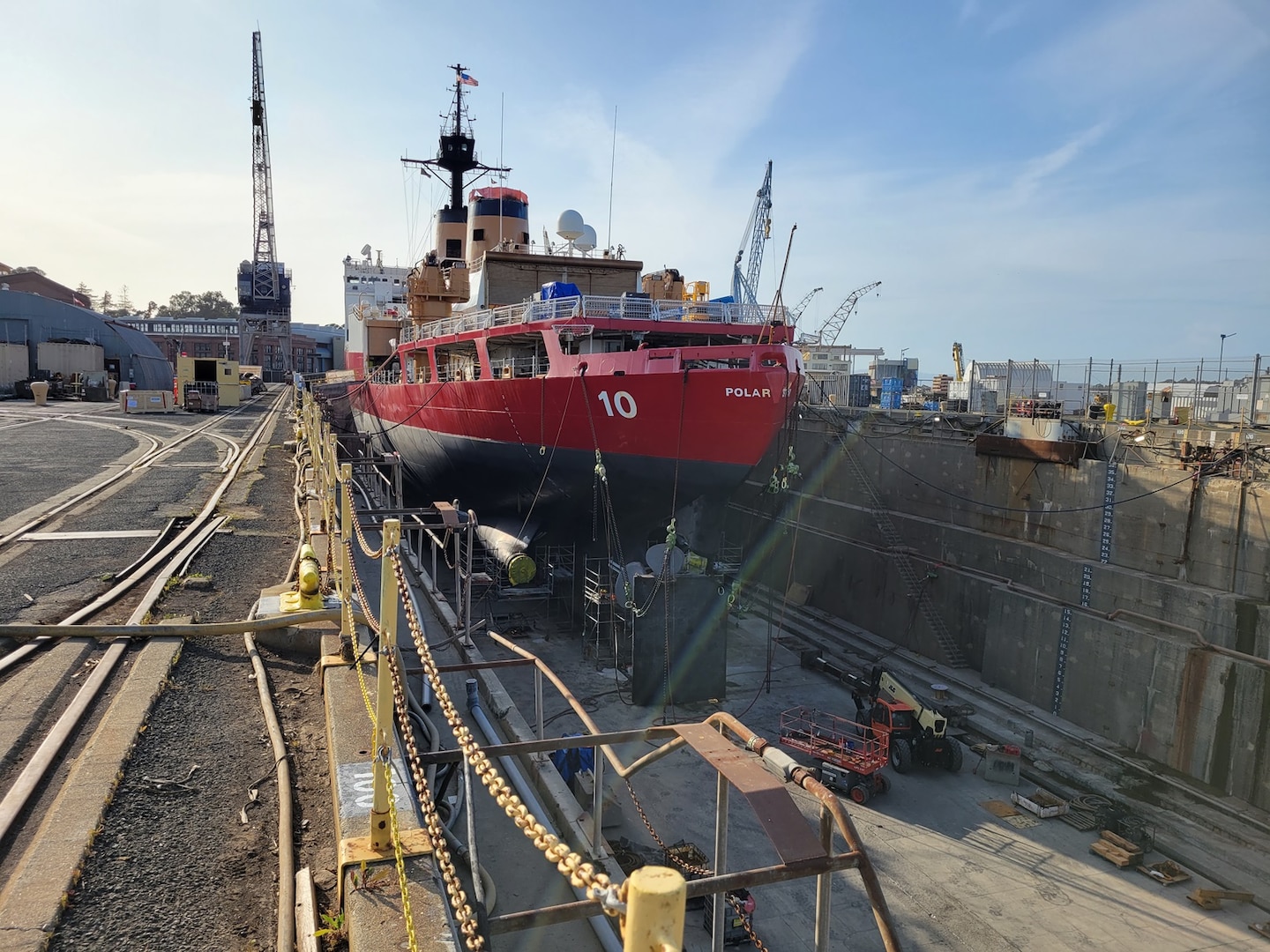 The rudder of the USCGC Polar Star (WAGB 10) is being removed while in a Vallejo, Calif., dry dock, April 1, 2025. The maintenance work completed over the past five years recapitalized integral systems, including propulsion, communication, and machinery control systems. (U.S. Coast Guard photo by Seaman Nestor Molina)