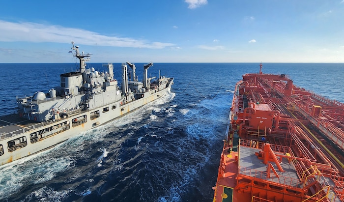 Republic of Korea’s Cheonji-class fast combat support ship ROKS Daecheong (AOE-58) connects its fuel line to Military Sealift Command’s commercial charter oiler MT Allied Pacific during a consolidated cargo replenishment (CONSOL) at sea, Sept. 18, in support of Freedom Edge 2025.