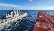 Republic of Korea’s Cheonji-class fast combat support ship ROKS Daecheong (AOE-58) connects its fuel line to Military Sealift Command’s commercial charter oiler MT Allied Pacific during a consolidated cargo replenishment (CONSOL) at sea, Sept. 18, in support of Freedom Edge 2025.