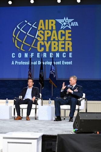 NATIONAL HARBOR, Md. (Sept. 23, 2025) – Maj. Gen. Luke Cropsey speaks about the future of the DAF BATTLE NETWORK during the Accelerating Decision Superiority: Harnessing Data and AI for Mission Readiness panel as part of the Air, Space and Cyber Conference, here, Sept. 23, 2025. The conference is an opportunity for Department of the Air Force senior leaders to meet and address Airmen, Guardians, allies, partners and industry leaders. Cropsey is the Department of the Air Force Program Executive Officer for Command, Control, Communications and Battle Management. (Official Air Force Photo by Richard Blumenstein).