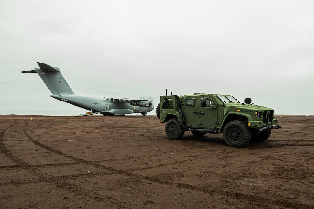 U.K. Royal Air Force airmen, U.S. Marines, and Norwegian Home Guard soldiers conduct training with an A400M Airbus during an exercise at an undisclosed location within the European theater, Sept. 2, 2025.
