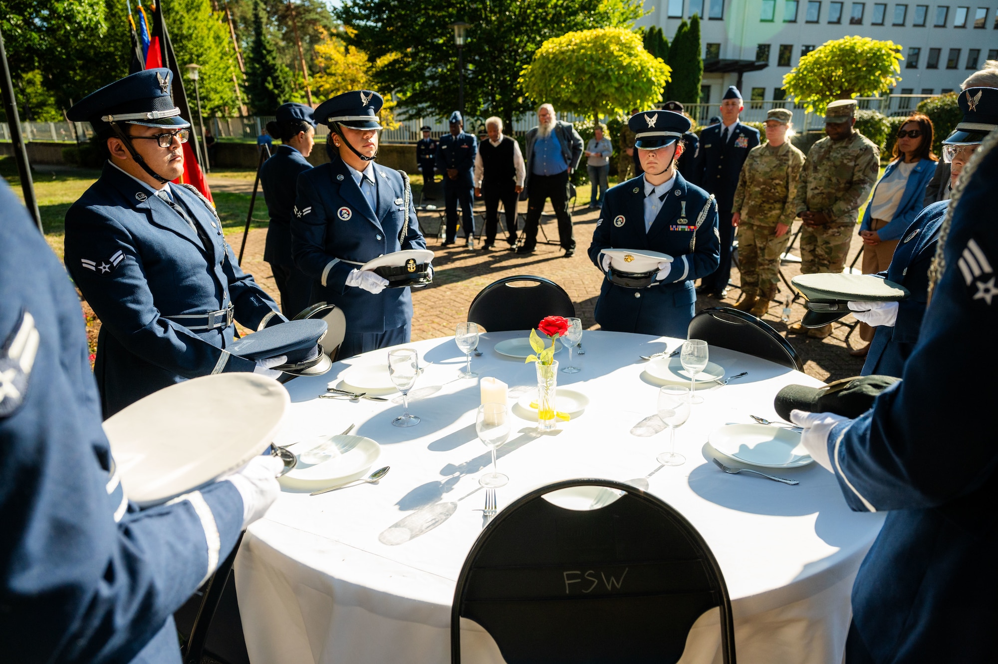 U.S. Air Force honor guard service members perform Colors at a POW/MIA remembrance ceremony