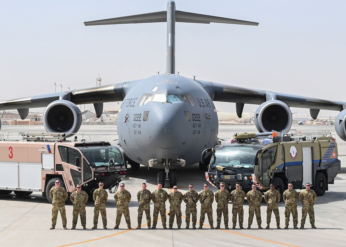 Firefighters from the Kentucky Air National Guard's 123rd Civil Engineer Sqaudron deployed to Al Udeid Air Base, Qatar, in 2022 as part of regular rotations to support U.S. Air Force missions around the glode. They were among more than 100 Kentucky Air Guardsmen who filled crucial taskings in 10 countries during the most recent deployment cycle. (Courtesy Photo)
