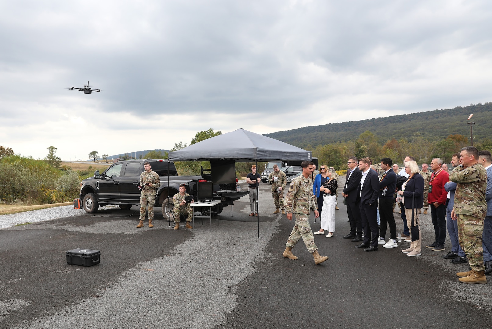 A delegation of more than 20 Lithuanian defense, diplomatic and business officials visited the Unmanned Aircraft Systems facility at Fort Indiantown Gap, Pennsylvania, Sept. 23, 2025, as part of a five-day mission in the United States.