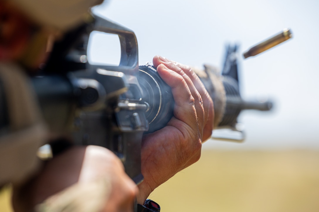 A marine with Infanteria de Marine de la Armada de la Republica Argentina (naval infantry of the Argentine navy) fires down-range engages targets during a multinational marksmanship range as part of exercise UNITAS 2025 at Marine Corps Base Camp Lejeune, North Carolina, Sept. 23, 2025. UNITAS, which is Latin for “unity,” was conceived in 1959 and has taken place annually since first conducted in 1960. This marks the 66th iteration of the world’s longest running annual multinational maritime exercise. (U.S. Marine Corps photo by Lance Cpl. Jack Labrador)