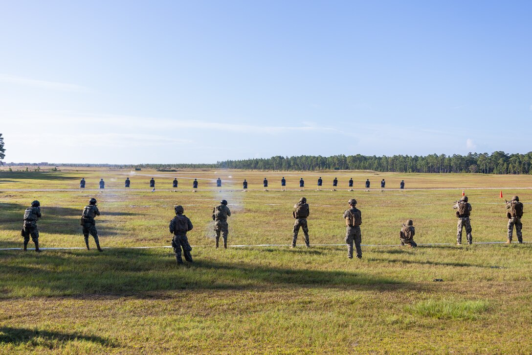 Marines with Cuerpo de Infanteria de Marina Armada de Mexico (Mexican marine corps) and Comando de Infanteria de Marina Armada Paraguay (Paraguayan marines) fire on a multinational marksmanship range while being supervised by U.S. Marines with Golf Company, 2nd Battalion, 2nd Marine Regiment, as part of exercise UNITAS 2025 at Marine Corps Base Camp Lejeune, North Carolina, Sept. 23, 2025. UNITAS, which is Latin for “unity,” was conceived in 1959 and has taken place annually since first conducted in 1960. This marks the 66th iteration of the world’s longest running annual multinational maritime exercise. (U.S. Marine Corps photo by Lance Cpl. Jack Labrador)