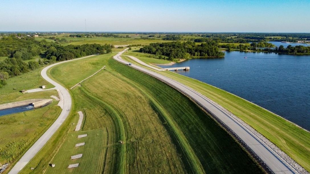 Aerial view of Long Branch Dam, a project managed by the USACE Kansas City District, in Macon, Missouri.