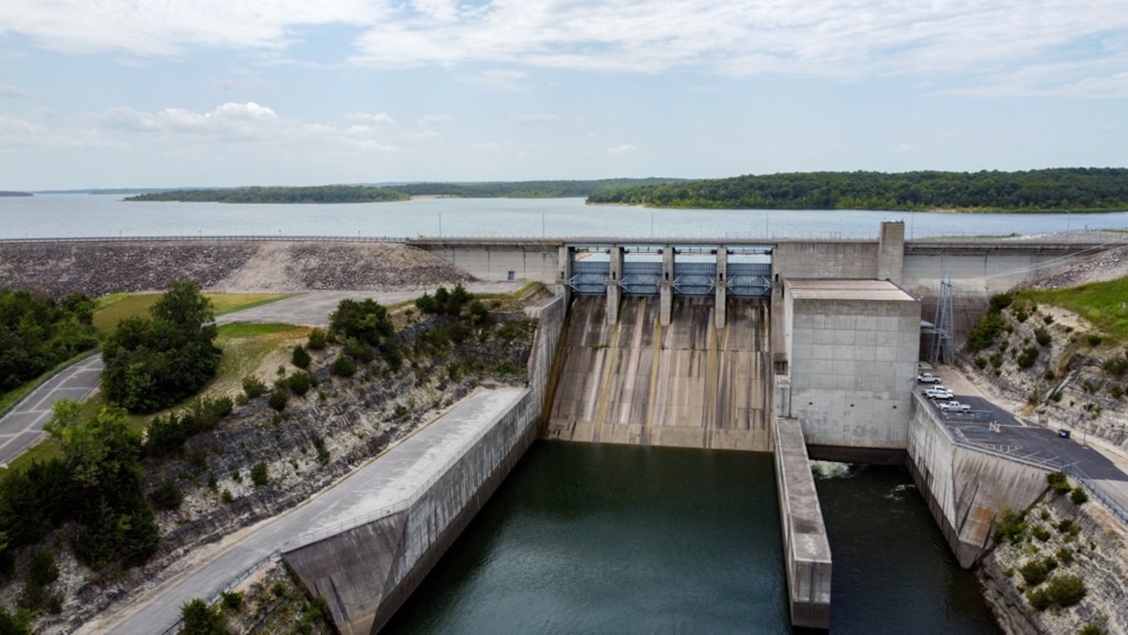 An aerial view of the Stockton Lake Dam operated and maintained by the U.S. Army Corps of Engineers, Kansas City District. Stockton and Truman Lake Dams are the two hydropower capable dams within the Kansas City District.
