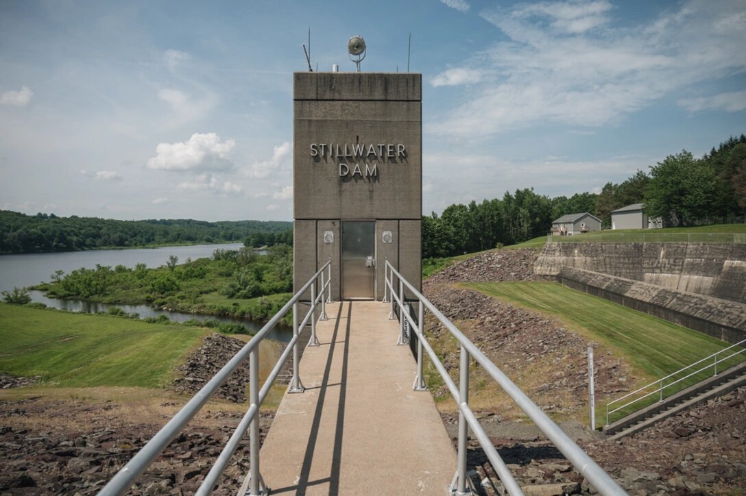 The tower for the U.S. Army Corps of Engineers, Baltimore District Stillwater Lake Dam is seen during a site visit in Clifford Township, Pa., June 30, 2025. Stillwater Lake Dam is a 1,700 feet long, gate-controlled, earth-fill structure rising 75 feet above the streambed and reducing flood heights on the Lackawanna River. (U.S. Army photo by Thomas I. Deaton)