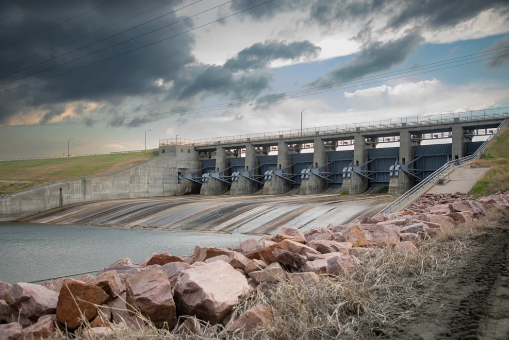A photo of the U.S. Army Corps of Engineers’ Big Bend Dam spillway located near Fort Thompson, South Dakota, July 15, 2025.