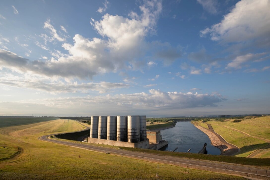 An early morning photo of the U.S. Army Corps of Engineers, Omaha District Garrison Dam hydropower house located near Riverdale, North Dakota, July 16, 2025.