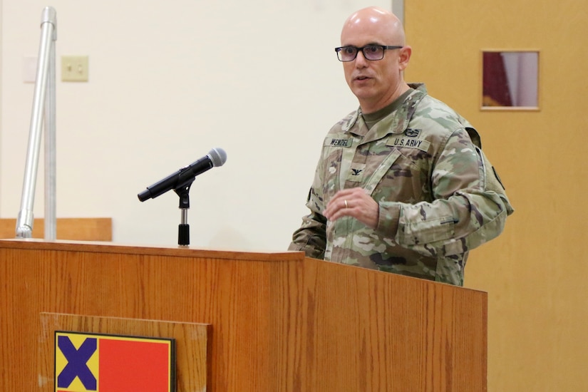 The 166th Regiment – Regional Training Institute held a change of responsibility ceremony Sept. 19, 2025 at Fort Indiantown Gap, Pa. Command Sgt. Maj. Oscar Laughman III relinquished responsibility of the regiment to Command Sgt. Maj. Charles Trofe. (U.S. Army National Guard photo by Sgt. 1st Class Shane Smith)