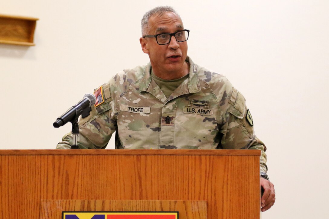 The 166th Regiment – Regional Training Institute held a change of responsibility ceremony Sept. 19, 2025 at Fort Indiantown Gap, Pa. Command Sgt. Maj. Oscar Laughman III relinquished responsibility of the regiment to Command Sgt. Maj. Charles Trofe. (U.S. Army National Guard photo by Sgt. 1st Class Shane Smith)