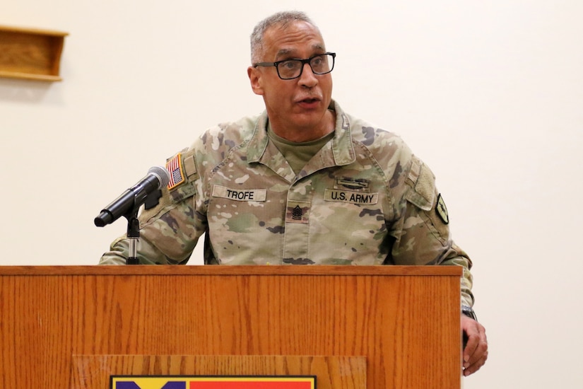 The 166th Regiment – Regional Training Institute held a change of responsibility ceremony Sept. 19, 2025 at Fort Indiantown Gap, Pa. Command Sgt. Maj. Oscar Laughman III relinquished responsibility of the regiment to Command Sgt. Maj. Charles Trofe. (U.S. Army National Guard photo by Sgt. 1st Class Shane Smith)