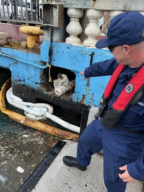 Coast Guard Incident Management Division personnel and Oil Spill Response Organization contractors conclude response efforts to secure two legacy pipe structures between piers 2 and 3 in San Juan Habor, Sept. 25, 2025.  Efforts concluded following operations by oil spill removal organization contractors to seal two legacy pipes to prevent any further discharge of oil into San Juan Harbor, followed by approximately three weeks of site monitoring with no signs of pollution in the water. (U.S. Coast Guard photo)