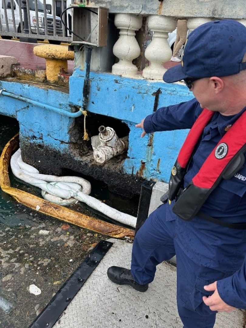 Coast Guard Incident Management Division personnel and Oil Spill Response Organization contractors conclude response efforts to secure two legacy pipe structures between piers 2 and 3 in San Juan Habor, Sept. 25, 2025.  Efforts concluded following operations by oil spill removal organization contractors to seal two legacy pipes to prevent any further discharge of oil into San Juan Harbor, followed by approximately three weeks of site monitoring with no signs of pollution in the water. (U.S. Coast Guard photo)