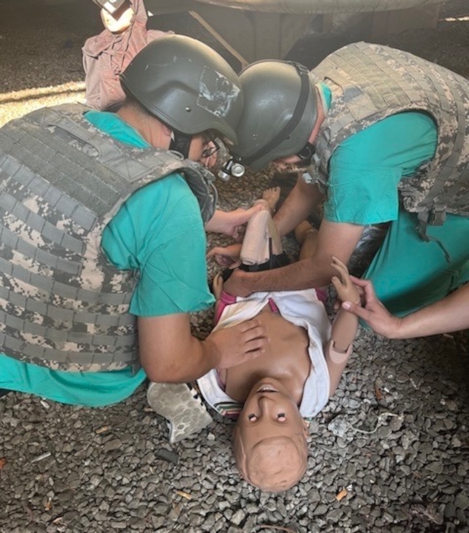 Using a manikin, participants in the Rush International Advanced Trauma Training Course and Medical Exchange Event in Chicago attend to the simulated medical needs of a trauma patient on Sept.12, 2025. Rush University Medical Center in Chicago hosted the course from Sept. 3-12, 2025.
