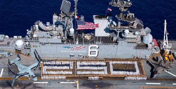 USS America (LHA 6) and 31st Marine Expeditionary Unit Conduct Photo Formation Commemorating 250 Years of Service