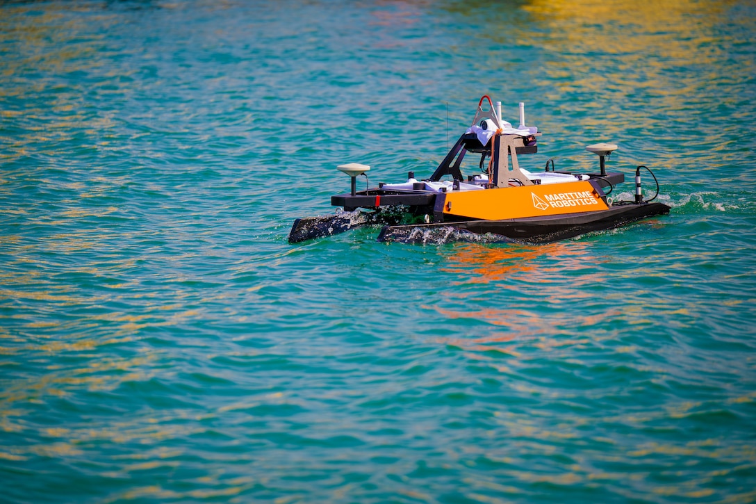 U.S. CENTRAL COMMAND AREA OF RESPONSIBILITY (Sept. 22, 2025) U.S. Naval Oceanographic Office conducts a hydrographic survey by launching an unmanned surface vessel, supported by a Bahrain Coast Guard escort, in the U.S. Central Command area of responsibility. (Official U.S. Navy photo)