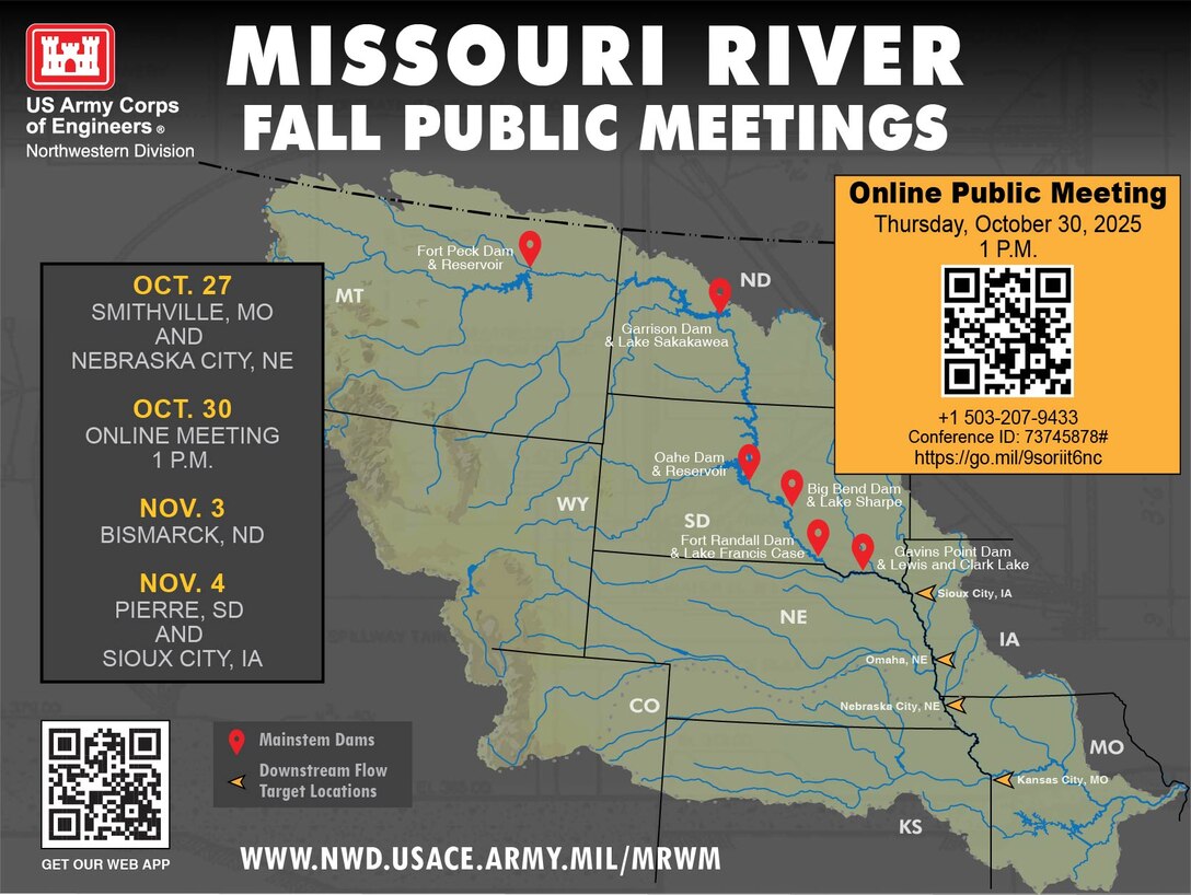 A map of the Missouri River Basin with pin drops at the locations for each of the six mainstem Missouri River dams and flags at navigation flow target locations.