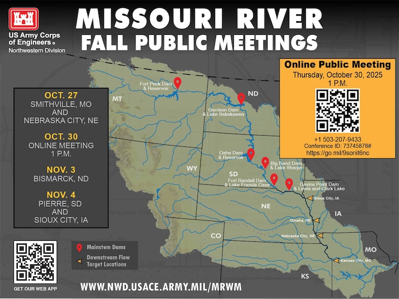 A map of the Missouri River Basin with pin drops at the locations for each of the six mainstem Missouri River dams and flags at navigation flow target locations.