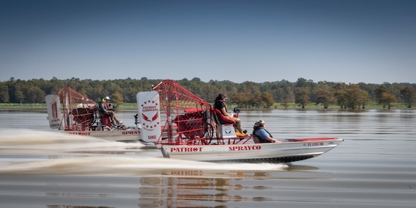 Air boats heading out to plant bait for the 2025 B.A. Steinhagen Veterans Alligator Hunt, sponsored by the U.S. Army Corps of Engineers' Fort Worth District, the Piney Woods Service Association, and Texas Parks and Wildlife, held at BA Steinhagen Lake, 12-14 Sept. 2025.