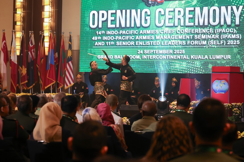 Malaysian Silat performers participate in the opening ceremony of the 14th Indo-Pacific Armies Chiefs Conference (IPACC), the 49th Indo-Pacific Army Management Seminar (IPAMS), and the 11th Senior Enlisted Leaders Forum (SELF), held in Kuala Lumpur, Malaysia, September 23–25, 2025.