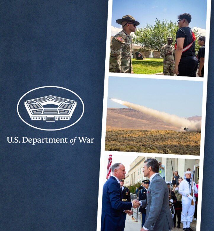 In a graphic, the Department of War sign is seen on a column on the left. On the right, three photos appear. One is of a service member facing a recruit. The center photo is of one firing a weapon in field and the final photo shows two people shaking hands.