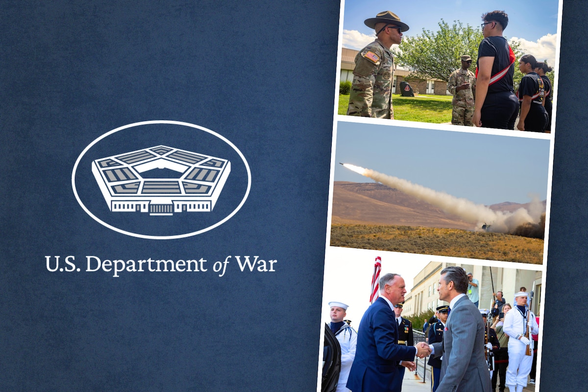In a graphic, the Department of War sign is seen on a column on the left. On the right, three photos appear. One is of a service member facing a recruit. The center photo is of one firing a weapon in field and the final photo shows two people shaking hands.