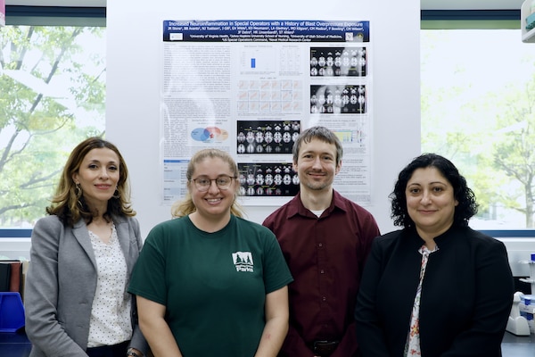 SILVER SPRING, Md. (June 2, 2025) Researchers with Naval Medical Research Command’s (NMRC) Operational Undersea Medicine Directorate with a research poster discussing work done by the command on behalf of warfighter brain health. Brain injury poses a serious health threat to U.S. service members across the world. Cognitive impairment resulting from brain injury can negatively impact individual health, unit readiness and the lethal capacity of the nation’s forces. NMRC, headquarters of Navy Medicine Research & Development, is engaged in a broad spectrum of activity from basic science in the laboratory to field studies in austere and remote areas of the world to investigations in operational environments. In support of Navy, Marine Corps and joint U.S. warfighter health, readiness and lethality, researchers study infectious diseases, biological warfare detection and defense, combat casualty care, environmental health concerns, aerospace and undersea medicine, operational mission support and epidemiology. (U.S. Navy photo by Sidney Hinds/ Released)