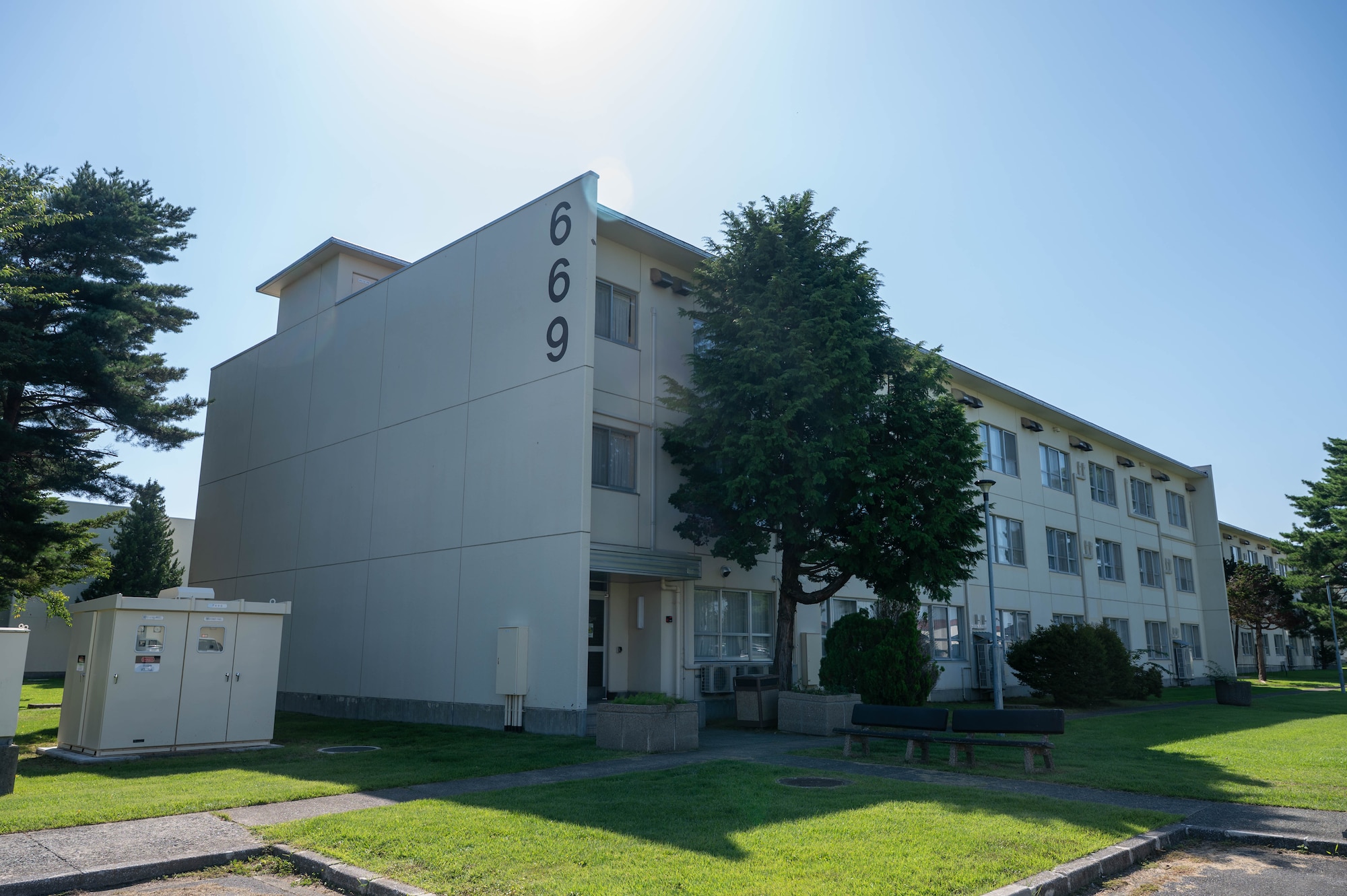 The light shines on building 669 on Misawa Air Base, Japan, Sep. 12, 2025.