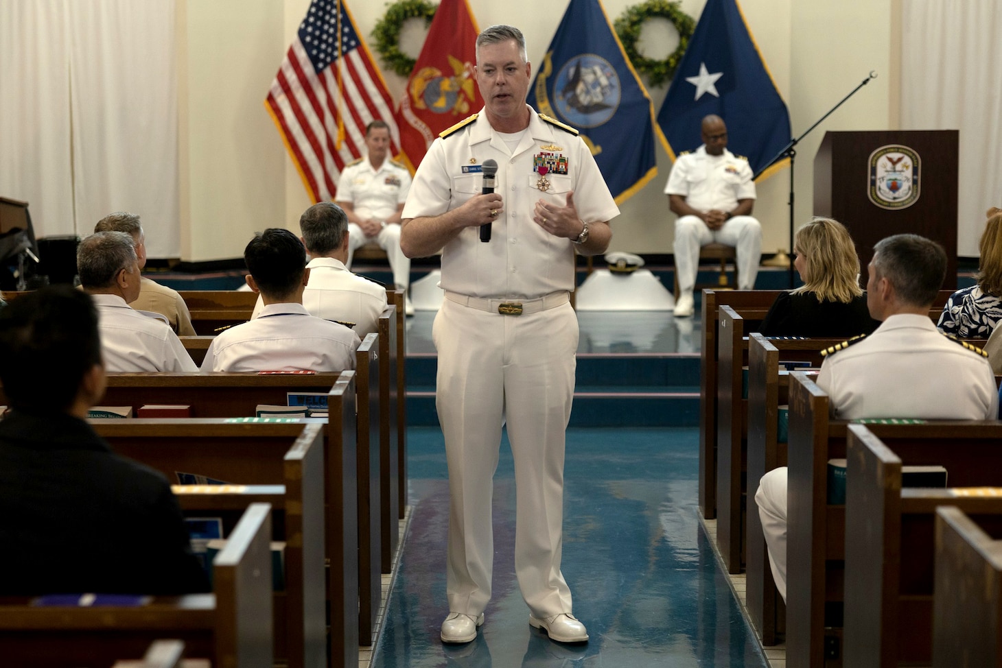 OKINAWA, Japan (April 18, 2025) Rear Adm. Chris Stone, the outgoing commander of Commander, Task Force (CTF) 76, gives remarks during a change-of-command ceremony at Camp Courtney Chapel in Okinawa, Japan, April 18, 2025. Within the U.S. 7th Fleet area of operations, CTF-76 is responsible for conducting expeditionary warfare operations with Navy and Marine Corps capabilities to support a range of theater contingencies, ranging from humanitarian assistance and disaster response to full combat operations. (U.S. Marine Corps photo by Lance Cpl. Alexander Canal) 250418-M-SJ698-1011