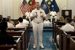 OKINAWA, Japan (April 18, 2025) Rear Adm. Chris Stone, the outgoing commander of Commander, Task Force (CTF) 76, gives remarks during a change-of-command ceremony at Camp Courtney Chapel in Okinawa, Japan, April 18, 2025. Within the U.S. 7th Fleet area of operations, CTF-76 is responsible for conducting expeditionary warfare operations with Navy and Marine Corps capabilities to support a range of theater contingencies, ranging from humanitarian assistance and disaster response to full combat operations. (U.S. Marine Corps photo by Lance Cpl. Alexander Canal) 250418-M-SJ698-1011