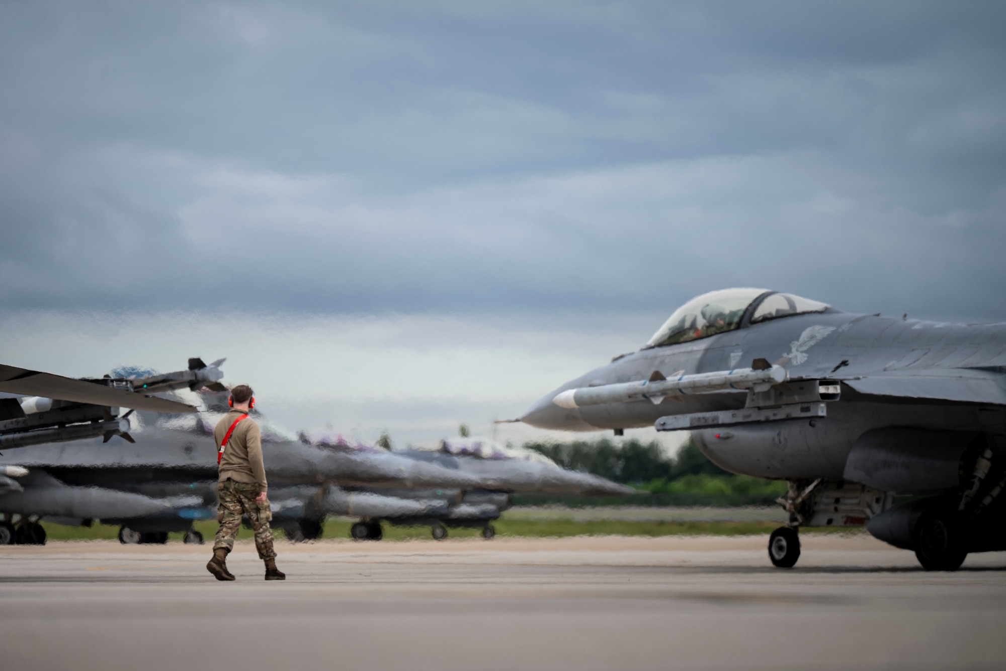 U.S. Air Force F-16 Fighting Falcons assigned to the 36th Fighter Squadron taxi at Osan Air Base, Republic of Korea, Sept. 18, 2025.