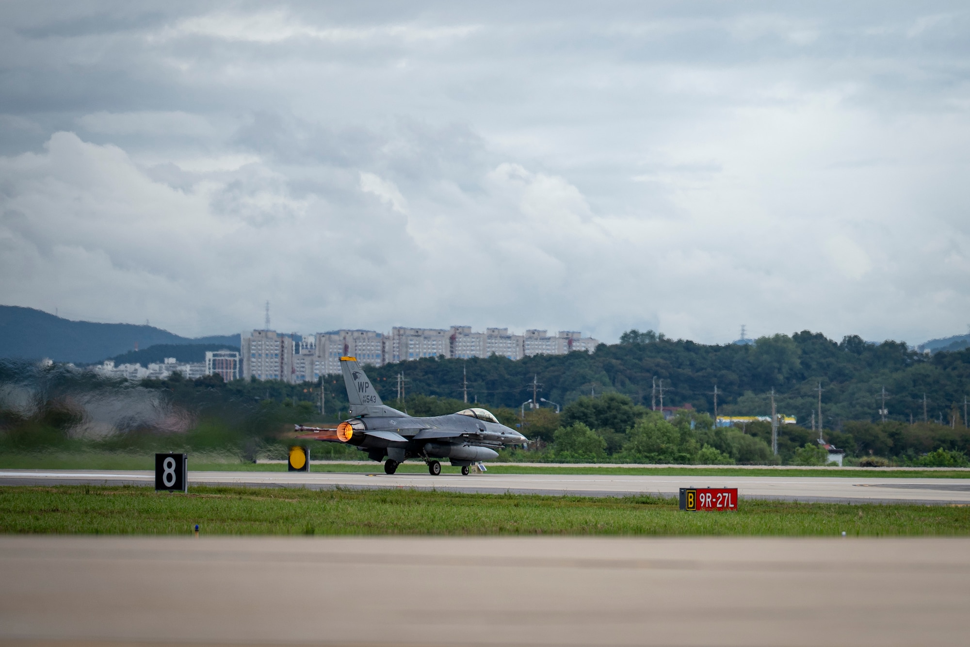 A U.S. Air Force F-16 Fighting Falcon assigned to the 36th Fighter Squadron takes off at Osan Air Base, Republic of Korea, Sept. 18, 2025.