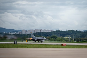 A U.S. Air Force F-16 Fighting Falcon assigned to the 36th Fighter Squadron takes off at Osan Air Base, Republic of Korea, Sept. 18, 2025.